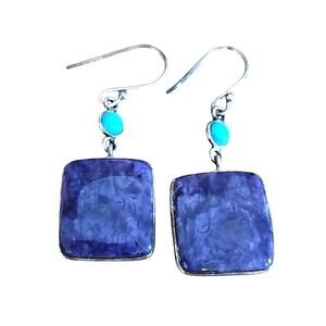 Vintage Sterling Silver and Lapis Lazuli Square Drop Earrings w/Turquoise Accent